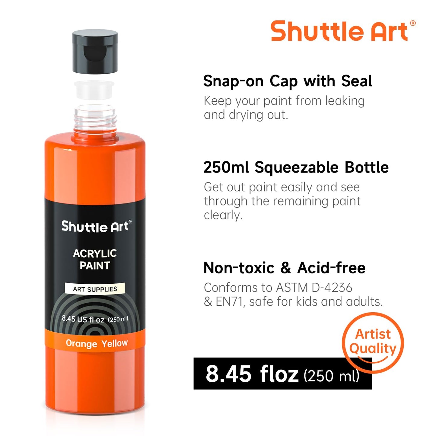 Shuttle Art Acrylic Paint, 24 Colors Acrylic Paint Bottle Set, 250ml/8.45oz Each, Rich Pigments, High Viscosity, Bulk Paint for Artists, Beginners and Kids Painting on Rocks Crafts Canvas Wood Ceramic