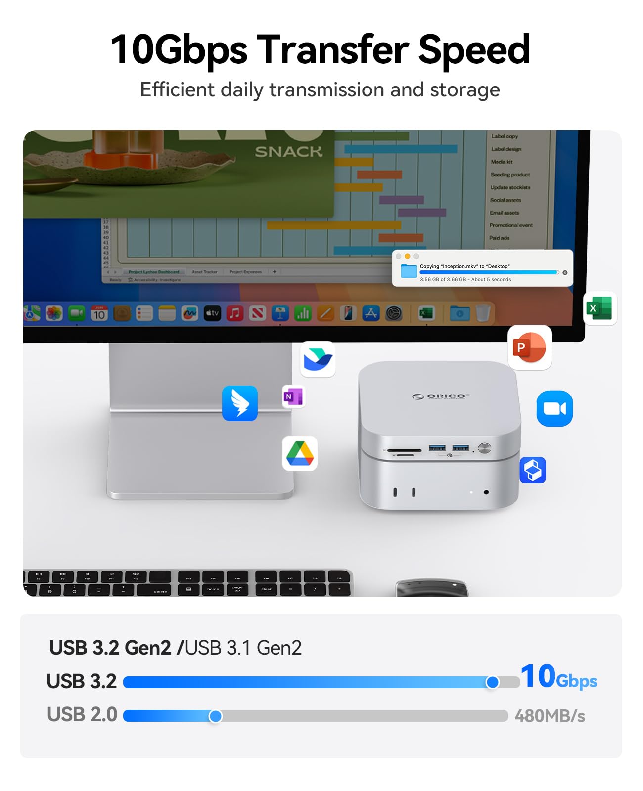 ORICO MiniLink USB Hub Compatibility with Mac Mini M4, 9-in-1 Aluminum Dock with SSD Enclosure for NVME/SATA M.2, USB A 10Gbps, 3.0 SD/TF Card Readers, 3.5mm Audio Jack