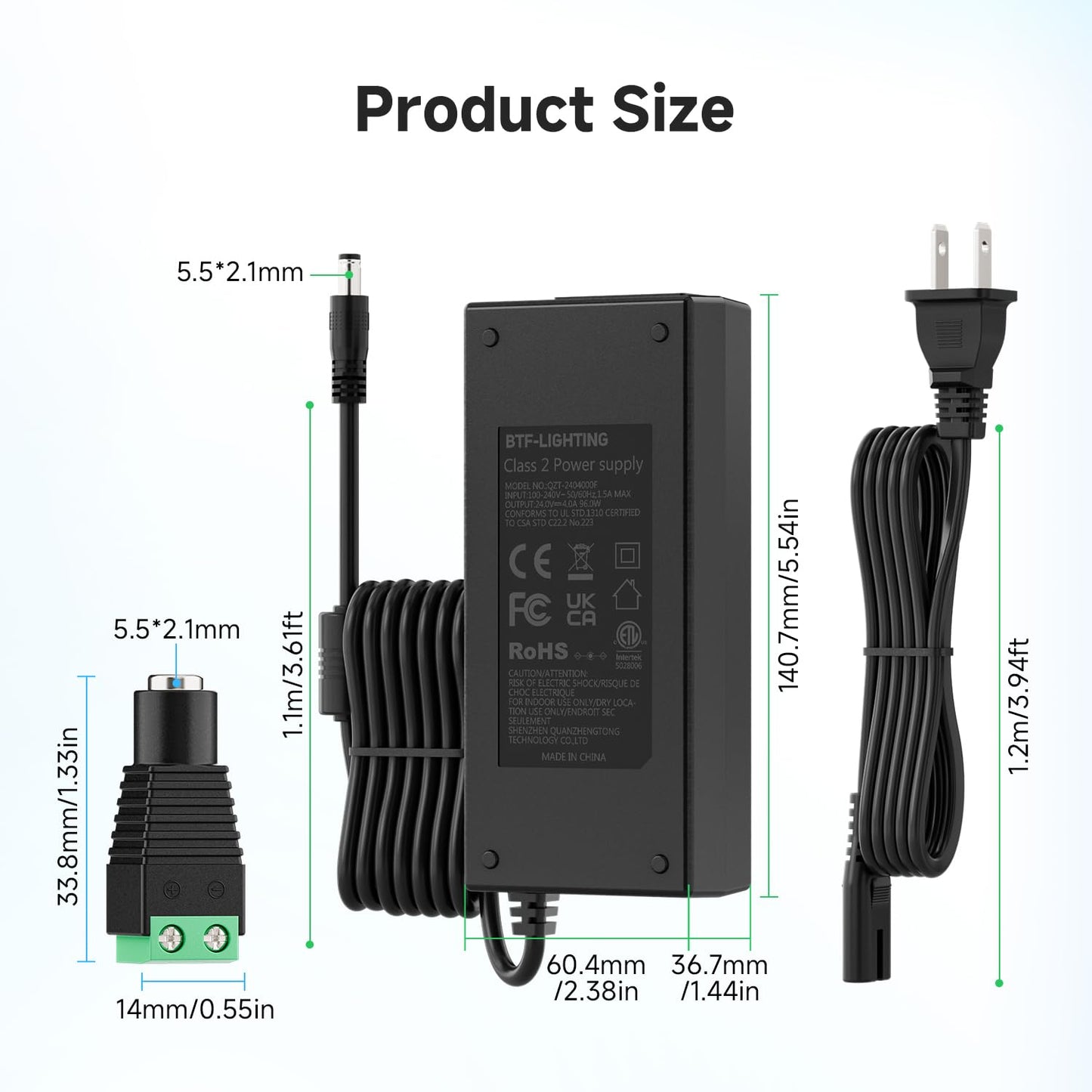 BTF-LIGHTING 24V4A Power Adapter ETL Certified 100-240V AC to 24V DC 4A Transformer Power Supply Converter Input with 5.5x2.1mm DC Output Jack for RGBW RGBCCT WS2805 5050 3528 FCOB COB LED Strips