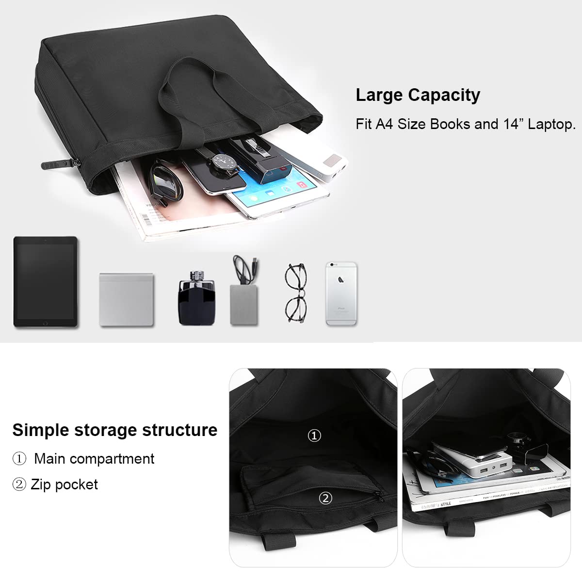 Men's Tote Bag 14-inch Laptop Nylon Waterproof Lightweight Business Casual Black Handbag for Work School Travel
