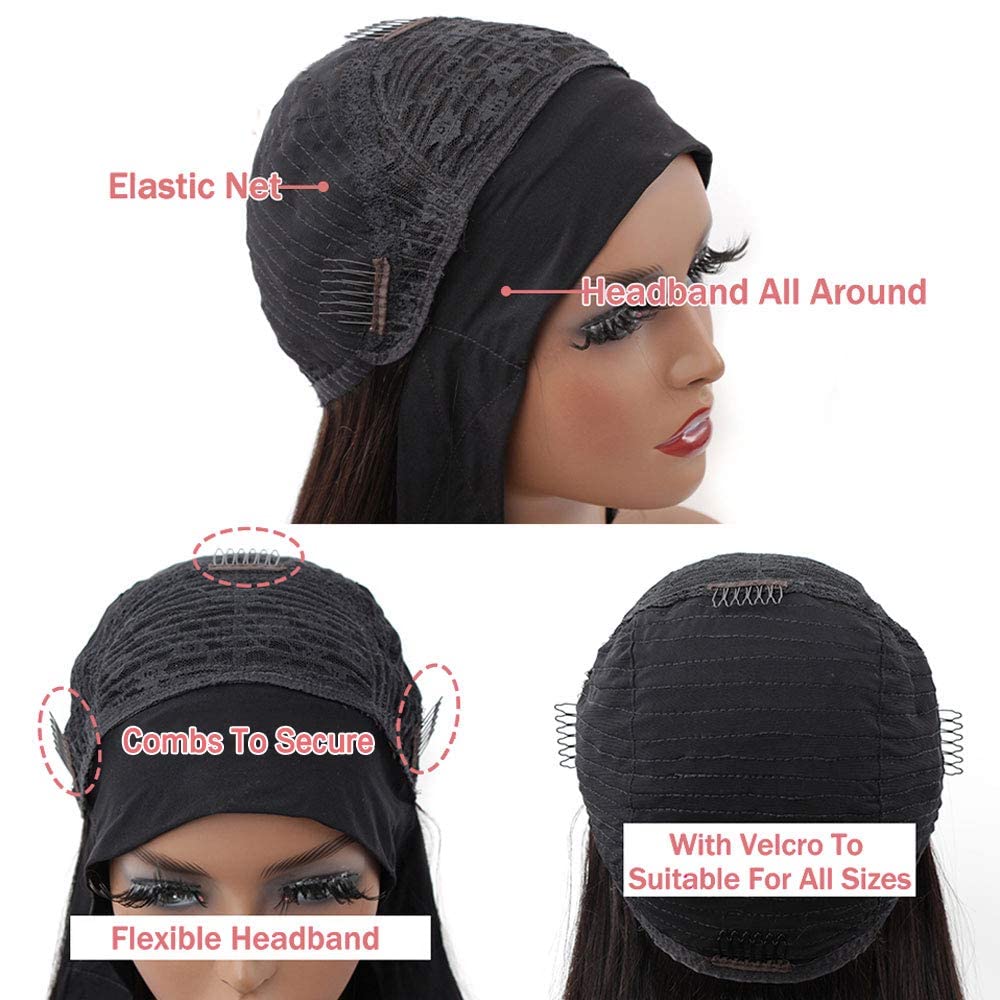 Headband Wig Human Hair Body Wave Headband Wigs for Black Women 22 Inch Brazilian Human Hair Wigs Body Wave Headband Wig Glueless None Lace Front Wigs Wear and Go Wigs 150% Density Natural Color