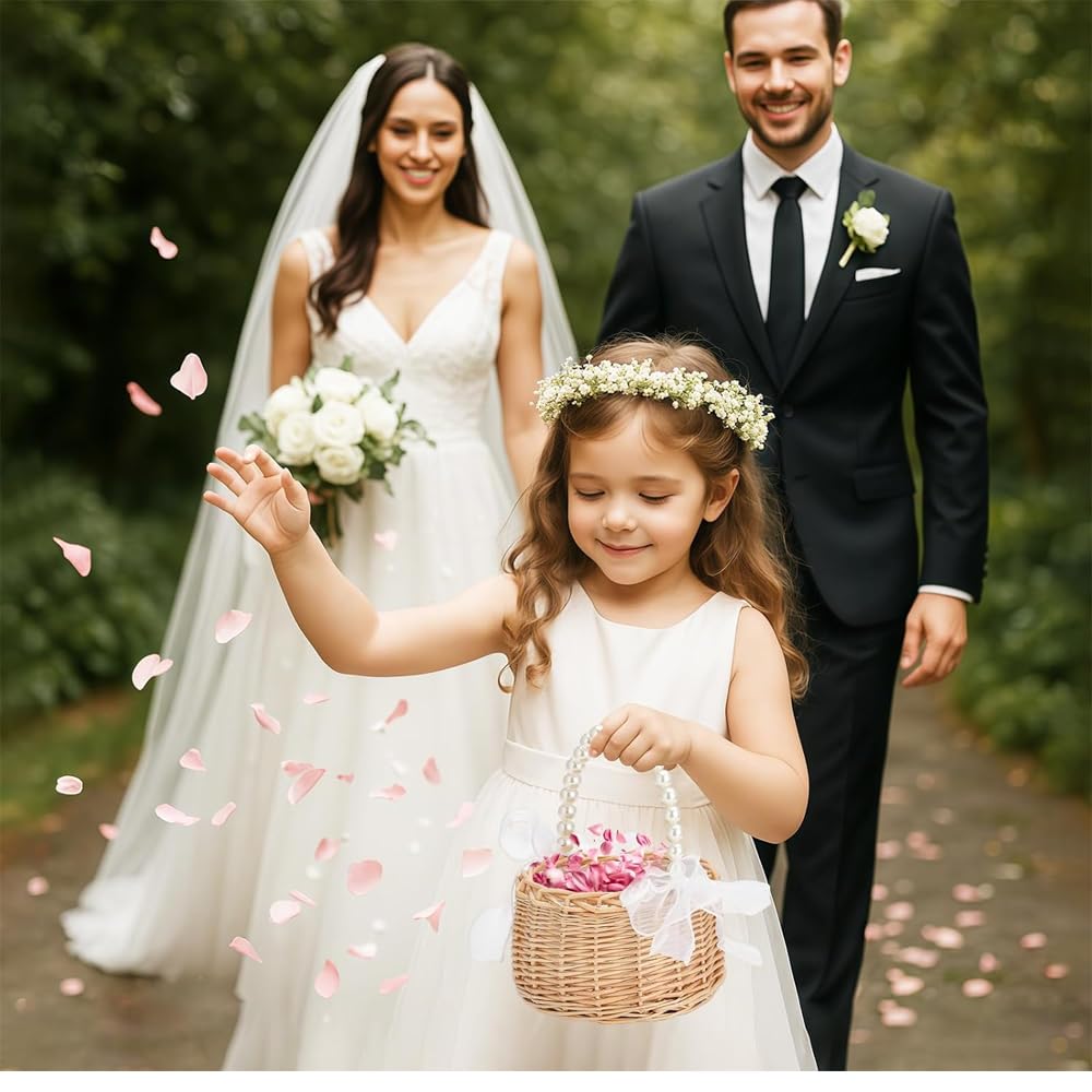Wicker Rattan Flower Girl Basket Wedding Small with Pearl Handle and White Bow Fairy Handwoven for Home Decorations