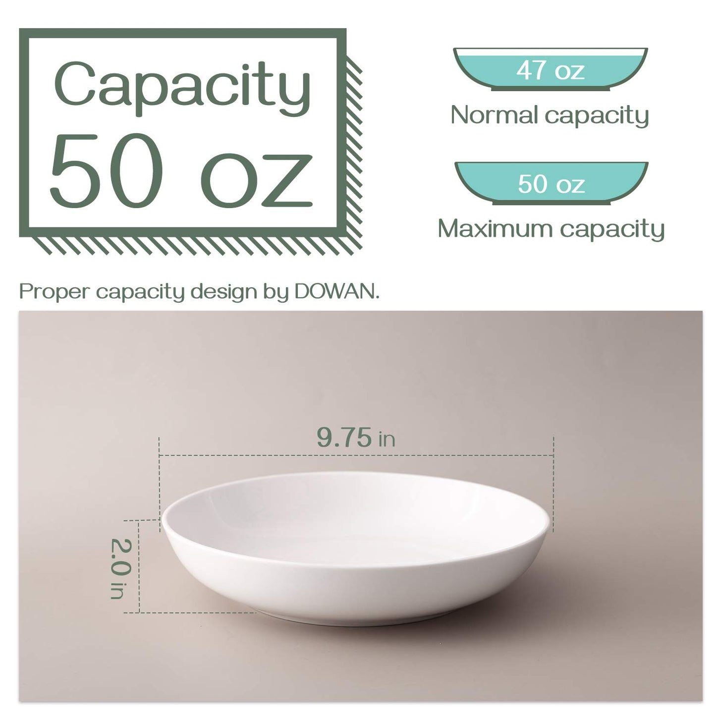 DOWAN 9.75" Wide Pasta Bowls, Ceramic Salad Bowls 50 Ounces, Large Serving Bowl Set of 4, Microwave and Dishwasher Safe, Shallow and Versatile, White