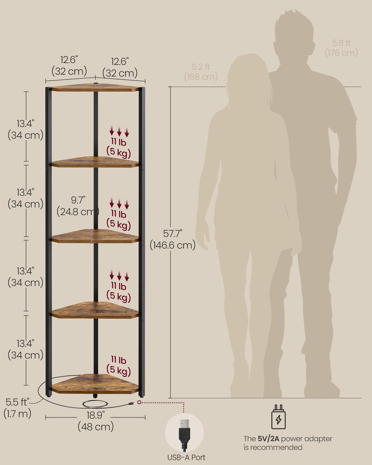 VASAGLE Corner Shelf Stand with LED Lights, 5-Tier Corner Bookshelf, Storage Shelf with Steel Frame, 9.8 x 18.9 x 57.7 Inches, for Living Room, Bedroom, Study, Rustic Brown ULBC590K01