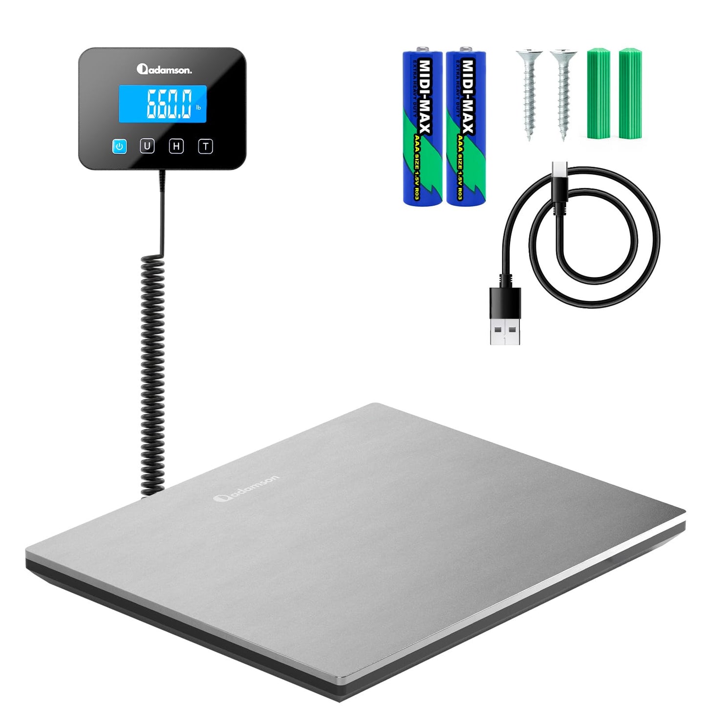 Shipping Scale - 660 lbs - High Accurate Digital Postal Scale with Hold/Tare Function - Perfect for Packages, Luggage, Suitcase, Home Use - Battery & Cable Included - Silver