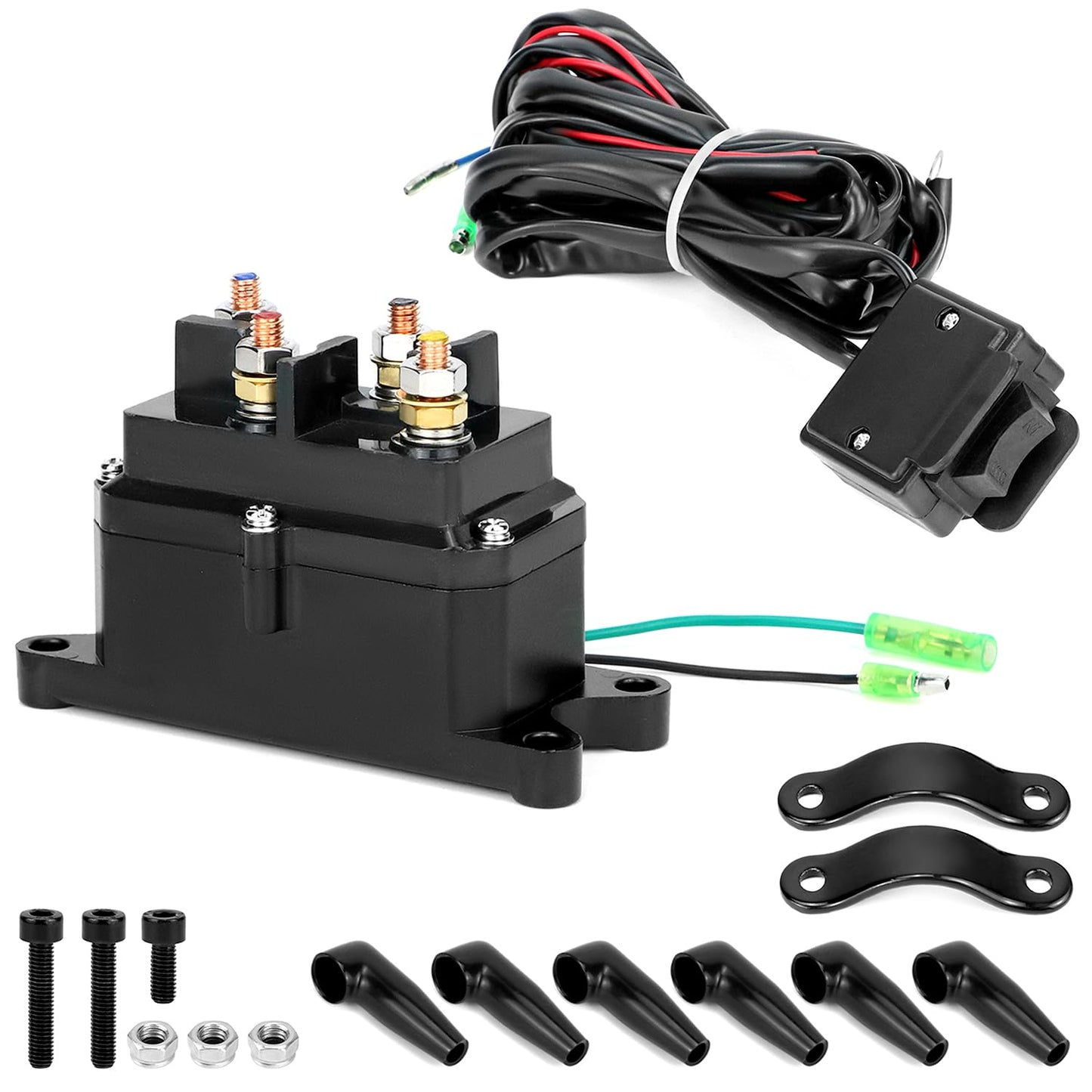 QWORK 12V 250A Winch Solenoid Relay Contactor, Compatible with ATV/UTV | 2000-5000 lbs Winch, with Rocker Thumb Switch Kit