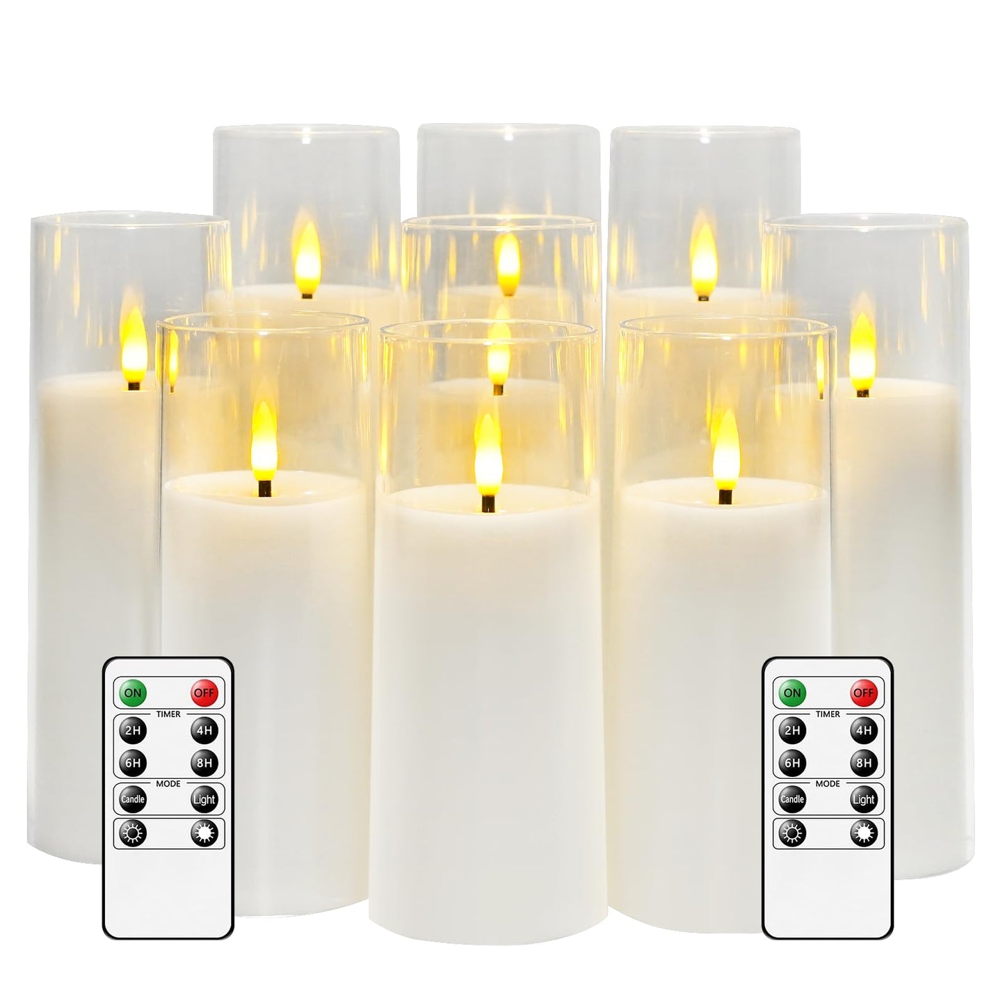 kakoya Flickering Battery-Powered Flameless Candles with Remote Control and 2/4/6/8H Timer Plexiglass Led Pillar Candles Pack of 9(D2.3"xH 6"7"8") with Realistic Moving Wick Candles for