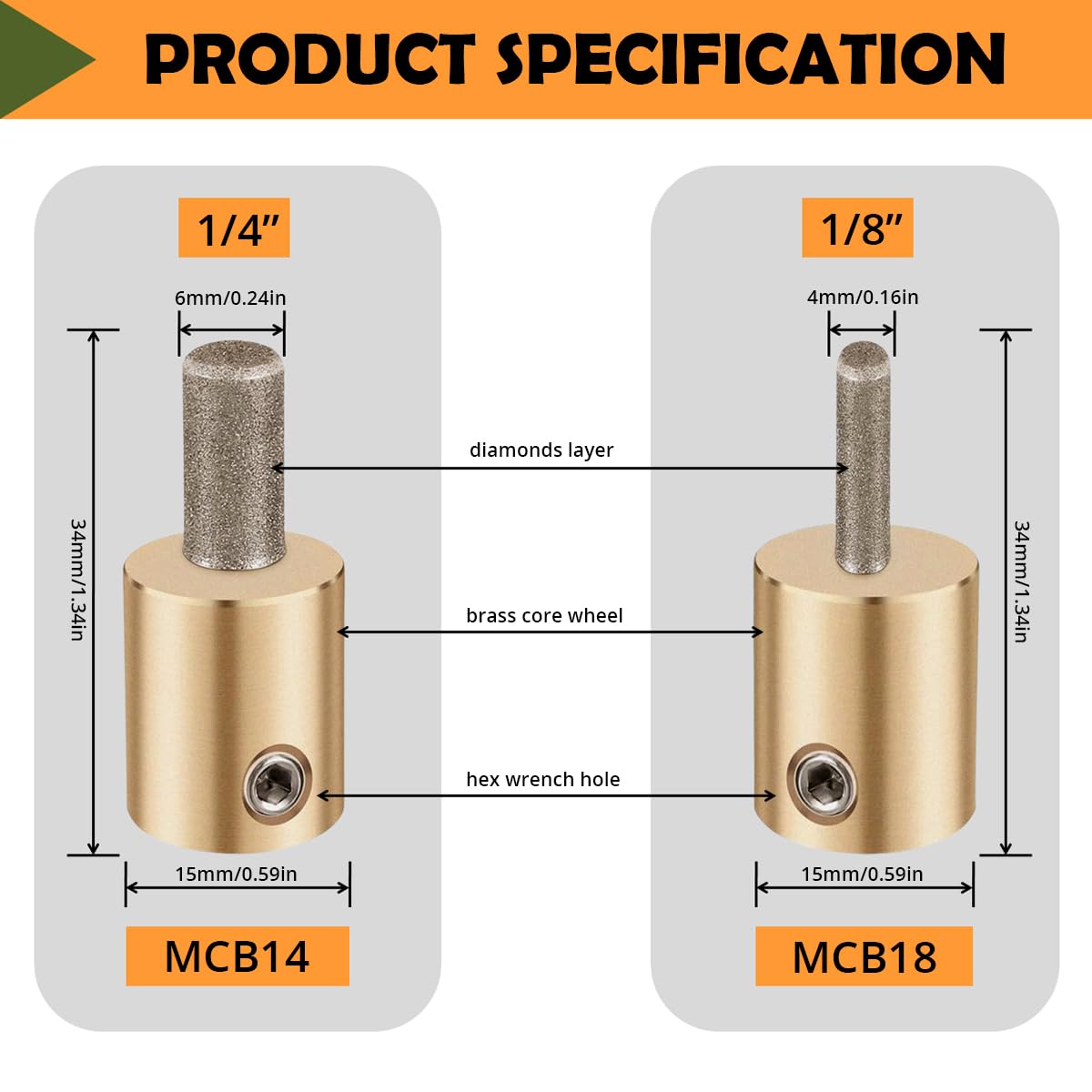 1" 3/4" 1/4" 1/8" Diamond Grinding Bit MCB01 MCB34 MCB14 MCB18 Brass Core Abrasive Wheel Stained Glass Grinder Head Making Tool for Inland Gryphon Delphiglass Glastar Standard Parts (4 Sizes)