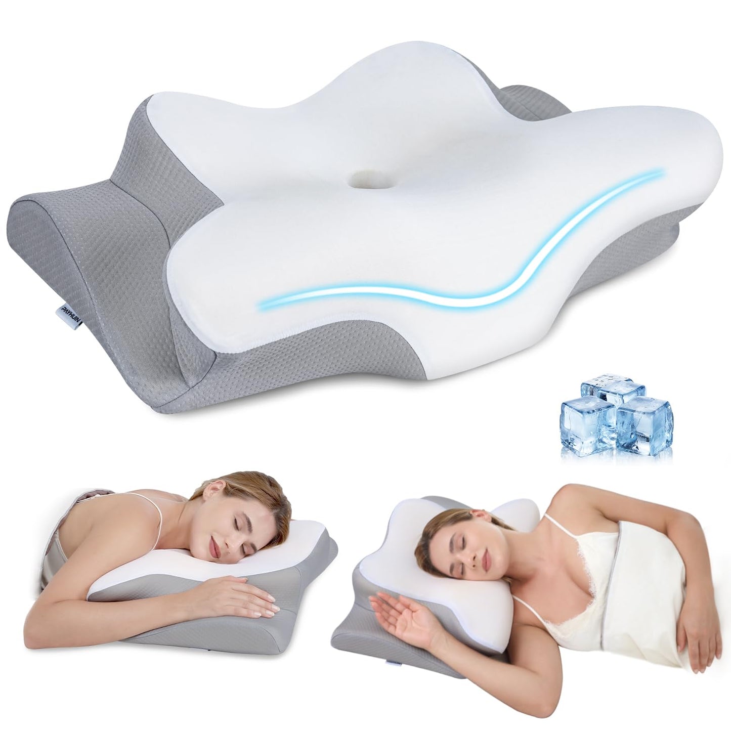 PAYHUIN Cervical Neck Pillow, Memory Foam Pillows for Relieving Neck and Shoulder Pain, Neck Support Pillow for Side Sleepers, 2 Heights Ergonomic Pillow with Breathable Ice Silk Cover White