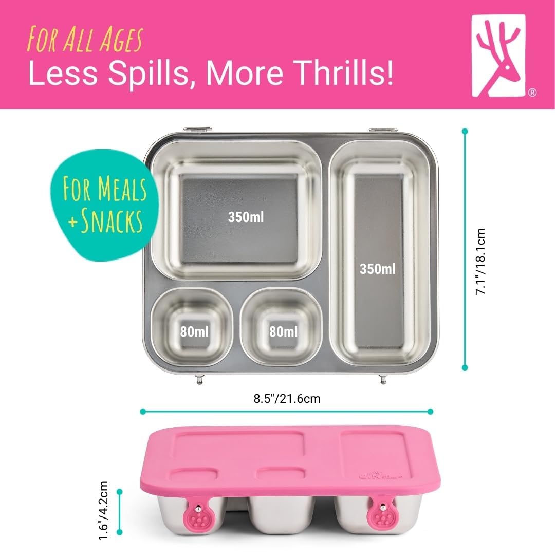 Elk and Friends Kids Stainless Steel Bento Box with Silicone Lid | Leak-Proof | Toddler Lunch Container | 4 Compartments | Dishwasher Safe