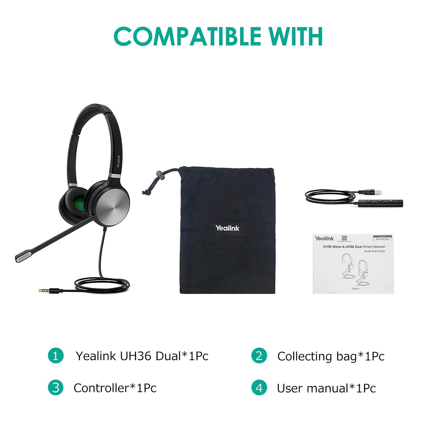Yealink UH36 Professional Wired Headset - Telephone Headphones for Calls and Music, Noise Cancelling Headset with Mic for Computer PC Laptop（UC Compatible, Stereo,3.5mm Jack/USB Connection）