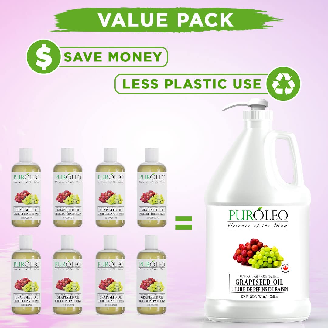 PURÓLEO Grapeseed Oil 128 Fl Oz/3784 ML (Made In Canada) 100% Natural Pure Moisturizer Carrier Oil massage oil baby oil hair oil body oil baby oil hair care Oil for hair Beauty & DIY blend