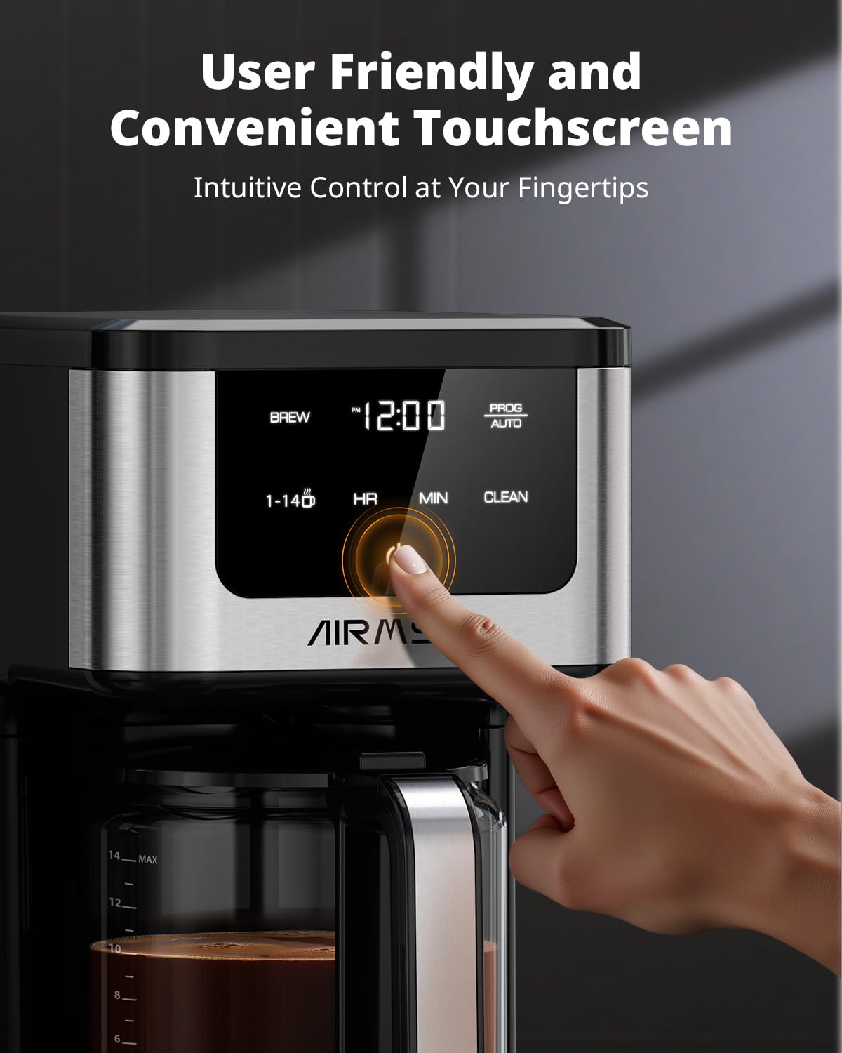 AIRMSEN 14-Cup Programmable Drip Coffee Maker – 1000W Fast Brewing Coffee Machine with Timer, Delay Start & 2H Keep-Warm, 73oz Tank, Touchscreen & Glass Carafe – Perfect for Home & Office Use