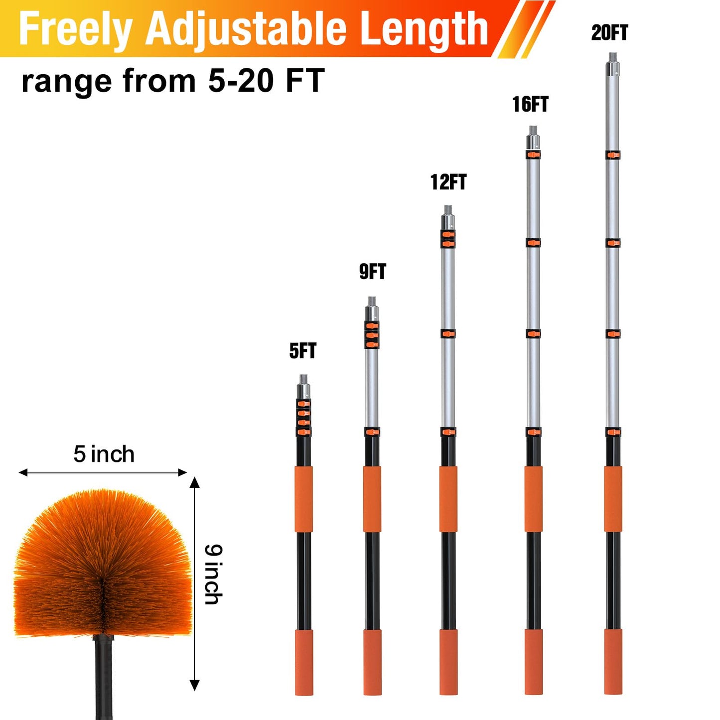 LAANPOLE 20FT (26FT Reach) Cobweb Duster with Extension Pole, Spider Web Brush for Cleaning Extendable, Professional Ceiling and Corner Dusters for Outdoor Indoor Use