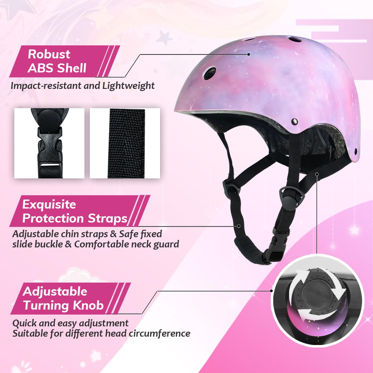 HXWY Adjustable Kids Bike Skateboard Helmet CPSC Certified for Boys Girls Youth Toddler, Starry Pink Protective Helmets for Multi-Sports Cycling Skateboard Scooter Skating (Medium)