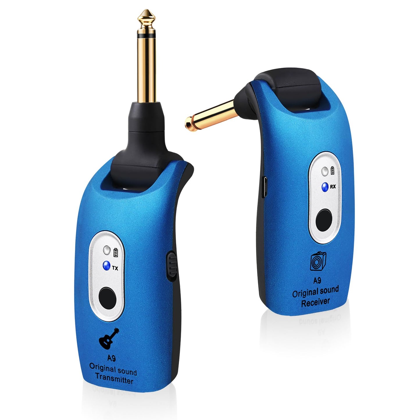 A9 Wireless Guitar System 2.4GHz Built-in Rechargeable Lithium Battery 270°Rotatable Audio Wireless Transmitter Receiver for Acoustic Guitar Bass Violin Keyboard Electric Instruments, Blue
