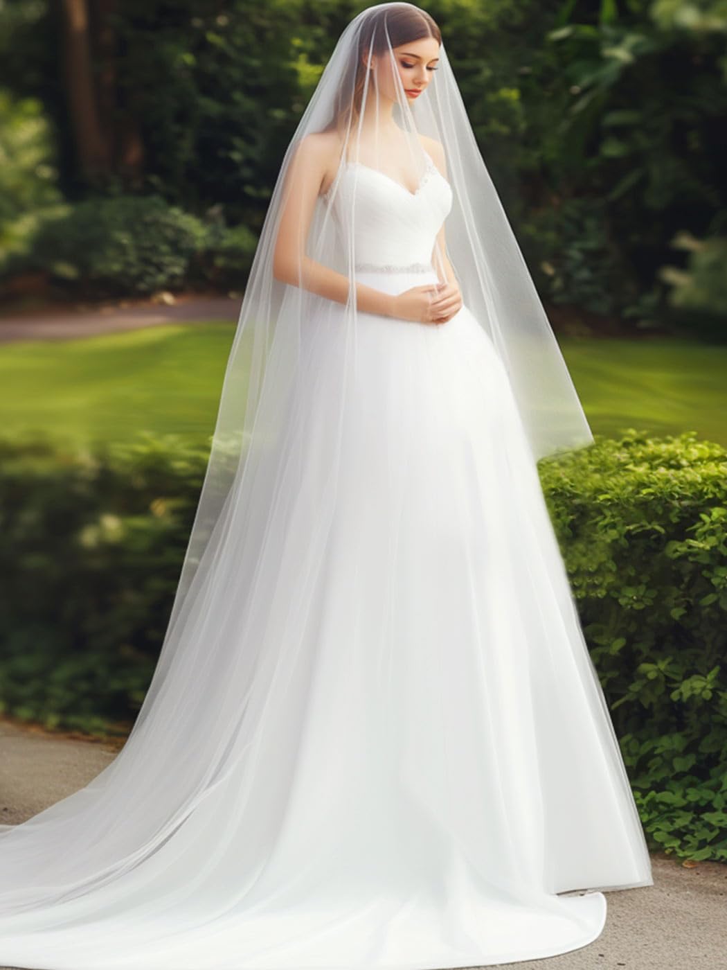 HEREAD 2 Tiers Bridal Wedding Veil Long Cathedral Length Bride Tulle Veils Hair Accessoies with Comb and Cute Edge (Ivory)