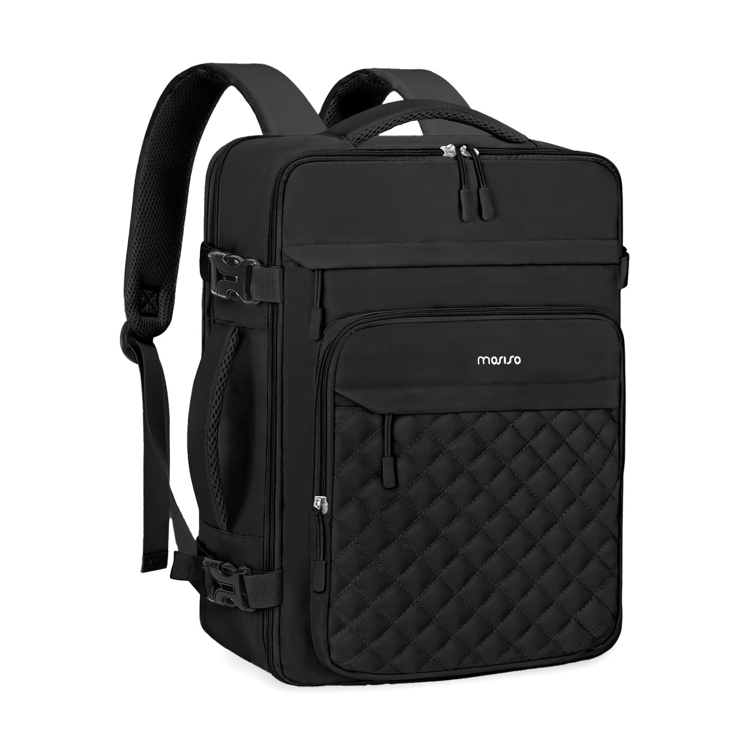 MOSISO Travel Backpack for Women Men, 15-15.6 inch Rhombus Quilted Laptop Backpack Flight Approved with Packing Cubes, 16 inch Carry on Daypack with USB Port for College Work Business, Black