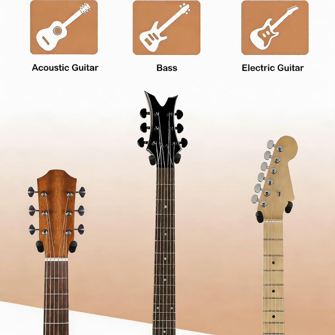 Black Walnut Guitar Wall Mount 4 Pack Guitar Hanger Wall Hook Holder Stand Display - Easy to Install - Fits All Size Guitars Bass Mandolin Banjo Ukulele