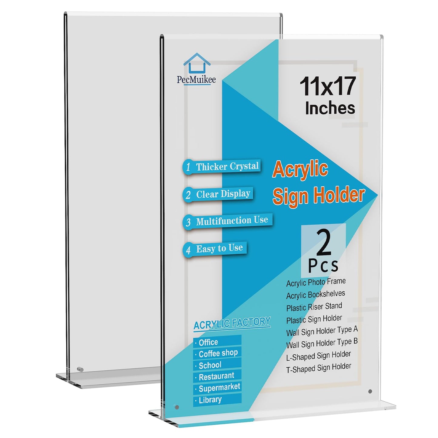 PecMuikee 2 Pack Acrylic Sign Holder11 x 17, Vertical T Shape Plastic Sign Holder -Clear T Shaped Table Menu Display Stand for Restaurant Office Store Home