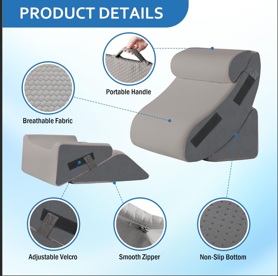 Ahpmeoa 5Pcs Orthopedic Bed Wedge Pillow Set for After Surgery, Adjustable Wedge Pillow for Acid Reflux Relief, Bed Wedge Pillow Post Surgery, Memory Foam Wedge Pillows for Sleeping, Grey