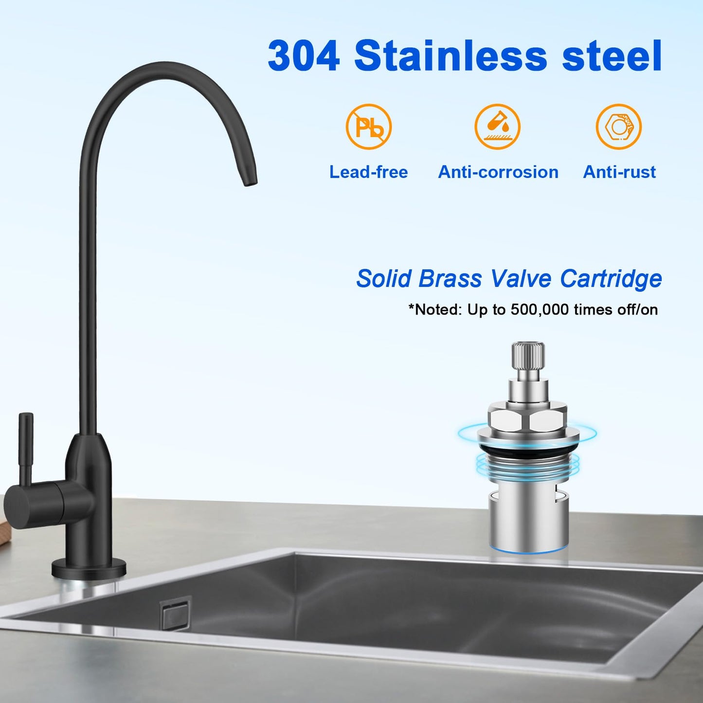 Drinking Water Faucet - Long Thread Stem Filtered Water Tap for Thick Countertop,Lead-Free RO Faucet with Hose and Push Connect Fittings(Matte Black)