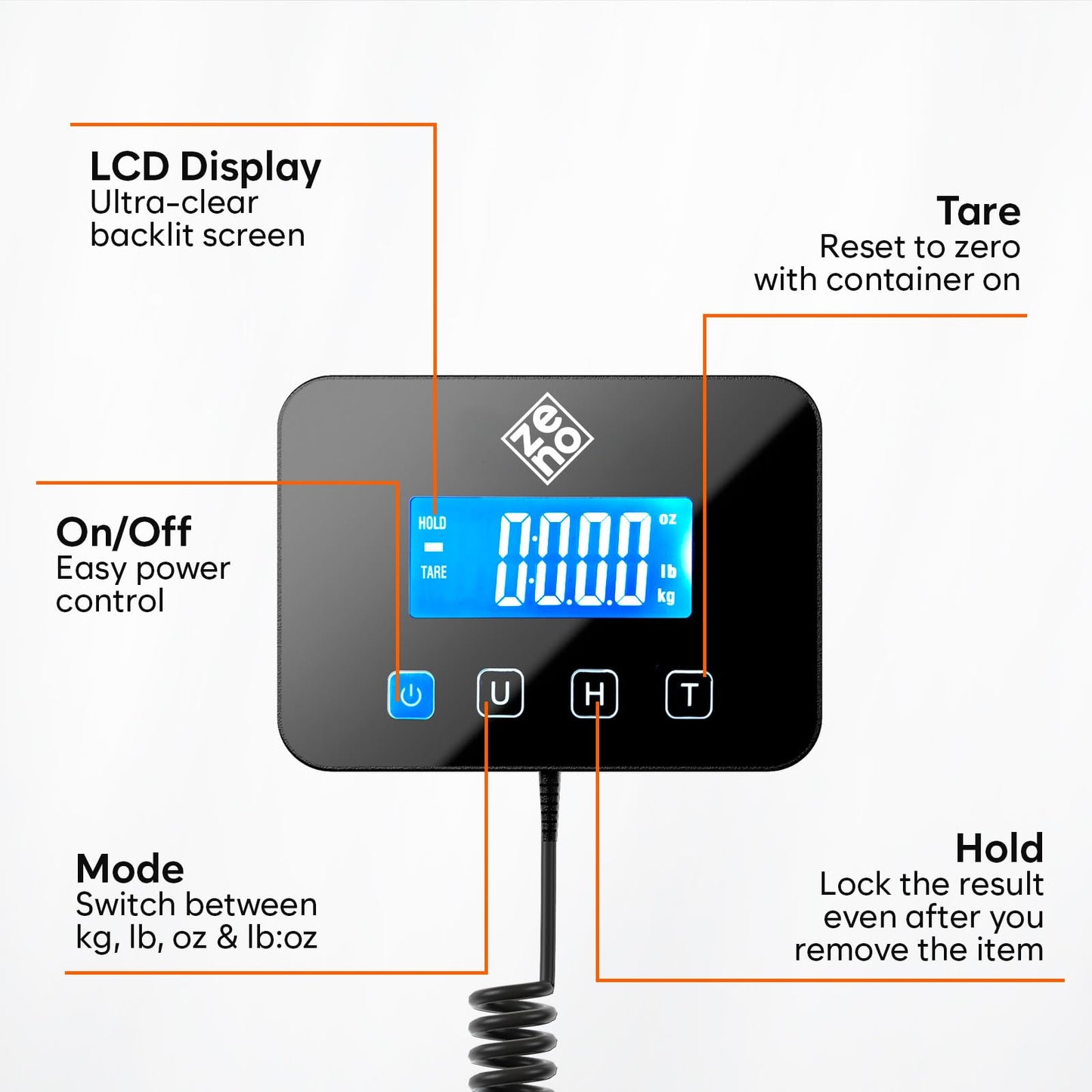 Shipping Scale - 440 lbs/0.35oz - High Accurate Digital Postal Scale with Hold/Tare Function - Perfect for Packages, Luggage, Suitcase, Home Use - Battery & Cable Included - Silver