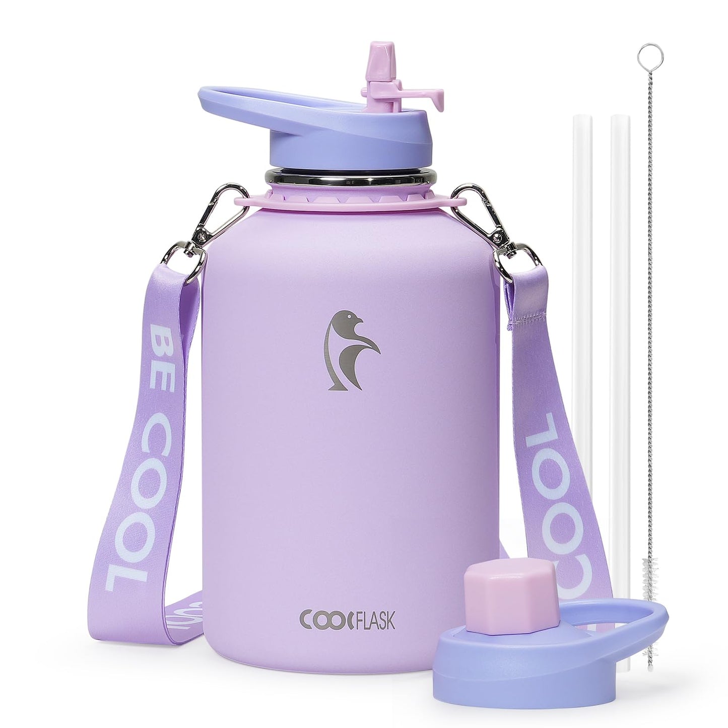 Coolflask Half Gallon Water Bottle with Strap, 64oz Insulated Water Jug Stainless Steel with Straw & Spout Lids, Metal Large Water Flask, Keep Cold 48h Hot 24h, Leak Proof & Non-BPA, Lavender