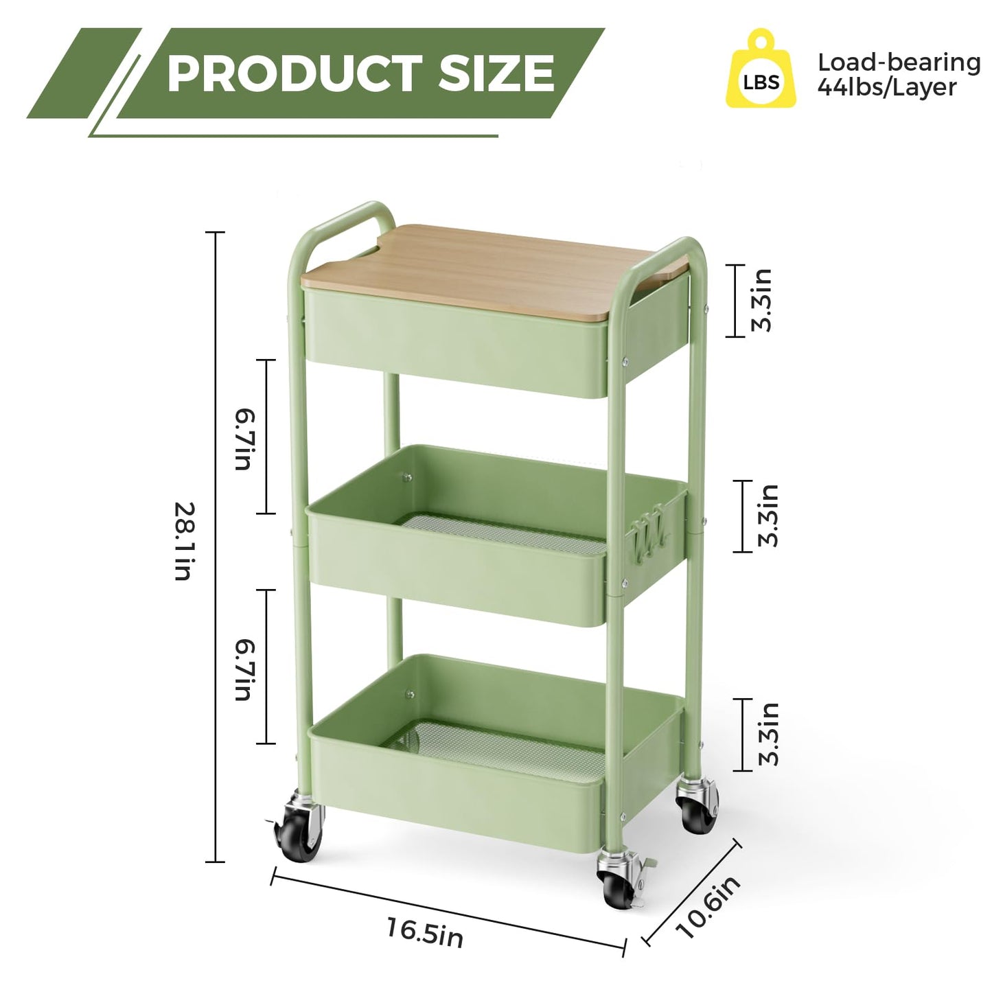 3 Tier Rolling Cart with Table top, Metal Rolling Utility Cart, Storage Organizer Cart with Locking Wheels & Hooks for Office, Classroom, Kitchen and Bathroom, Green