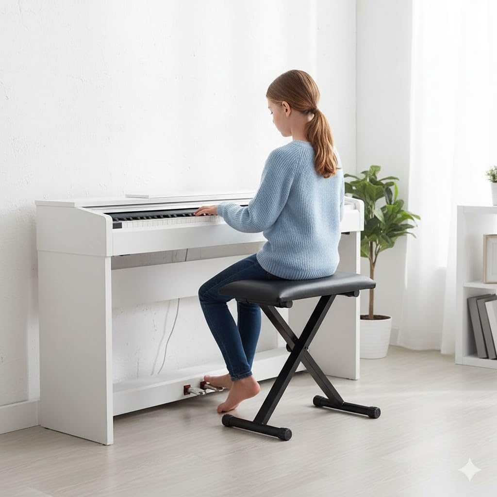 Kunova (TM) Piano Bench Stool 3-Position Height Adjustment(16.5"/17.5"/19.5", 42cm/45cm/50cm) Black Folding Super-Stable and Durable Padded Keyboard Bench with X-Style Iron Legs