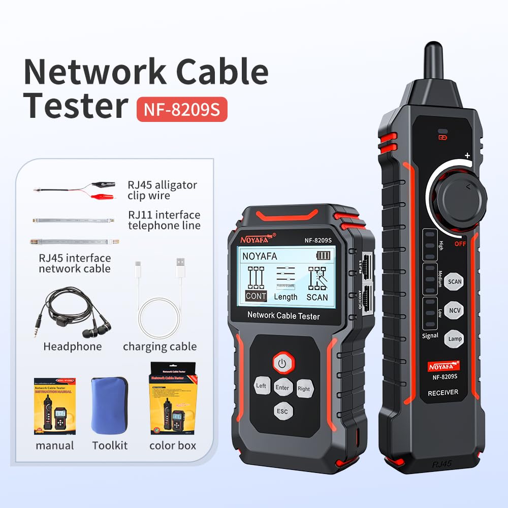 NOYAFA NF-8209S Upgrade Advanced Network Cable Tester with PoE& NCV，Cable Length Test，Port Flashing，Multifunction Anti Interference Scanning Modes Wire Tracker