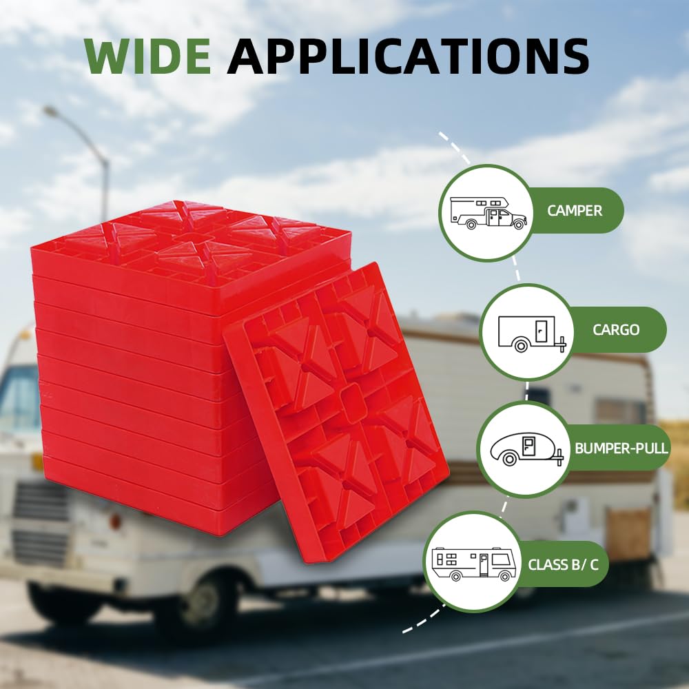 RV Leveling Blocks Heavy Duty 10 Pack Camper Blocks and Interlocking Design Camper Levelers with Packing Bag Carrying Red
