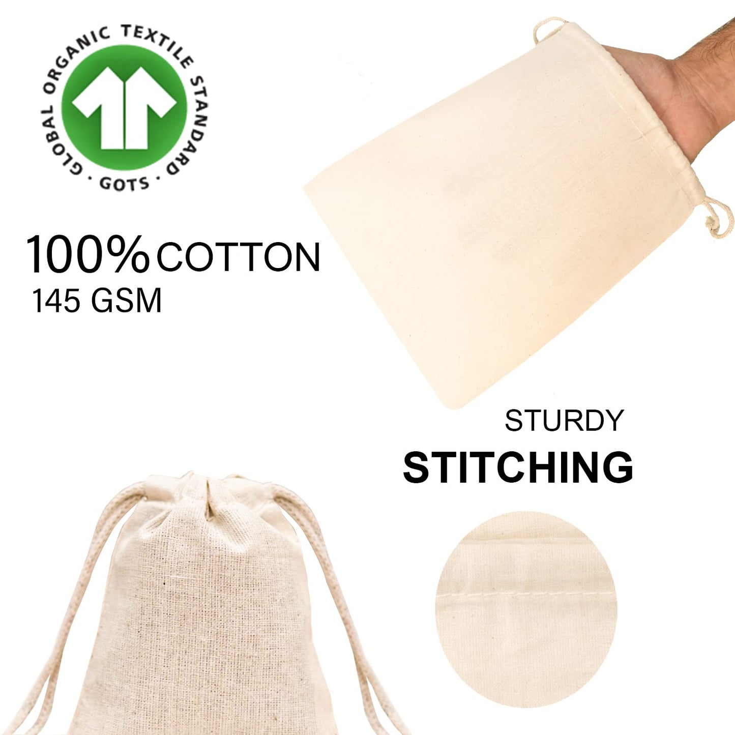 Size 5x7 inches - 100% Cotton Reusable Produce Muslin Bags – Multipurpose Drawstring Storage Pouch for Everyday Use – Pack of 100