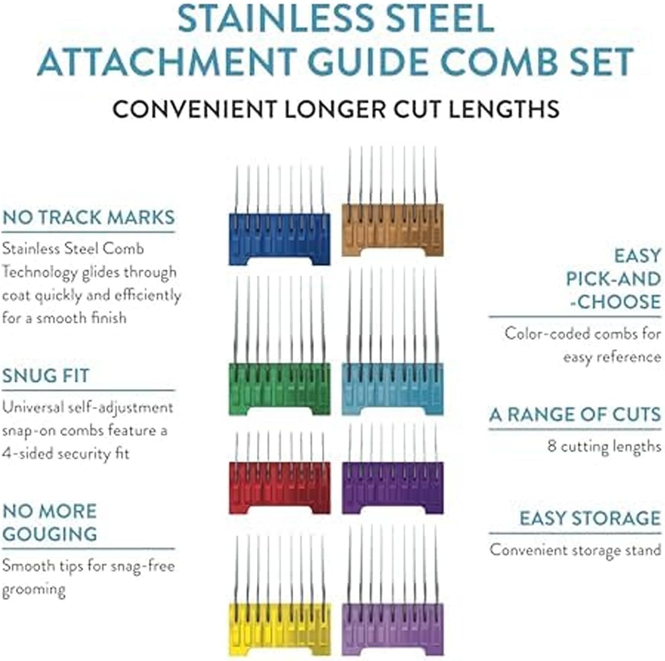Wahl® 5-in-1 Stainless Steel Attachment Comb Set – 8 Color-Coded Guide Combs for Professional Pet Dog, Cat and Horse Grooming, Fits Wahl 5-in-1 Blades for Use with Arco, Bravura and Chromado Clippers - 3027903