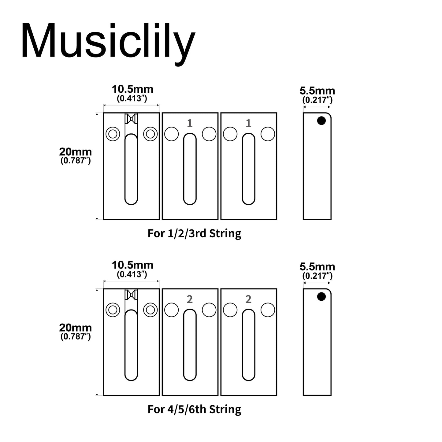 Musiclily Ultra 10.5mm Full Solid Brass Modern Style Roller Saddles for Strat Tele Style Electric Guitar Bridge, Black (Set of 6)