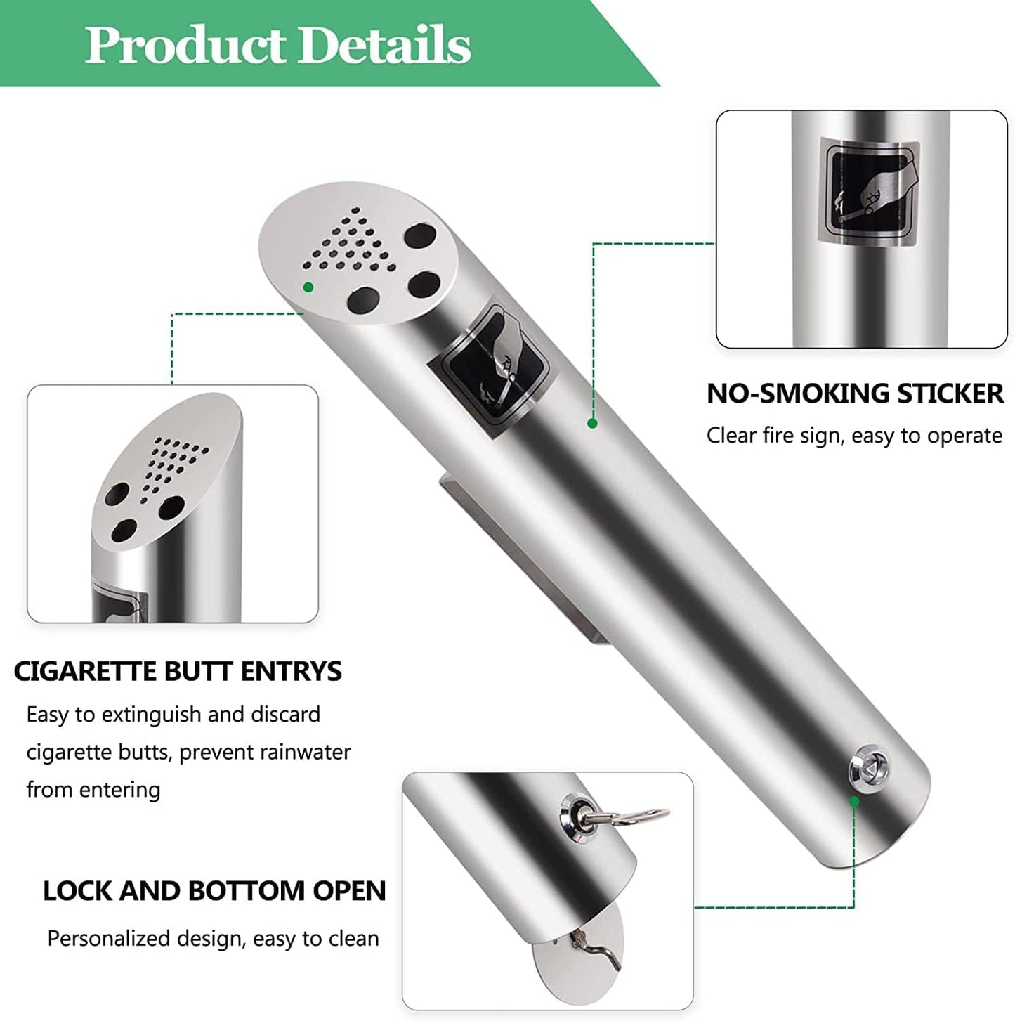 2 Pcs Wall Mounted Trash Can Outdoor Waste Receptacle, Stainless Steel Cylinder Commercial Trash Bin Container for Patios, Restaurants, Bars, Hotels, Offices, Silver