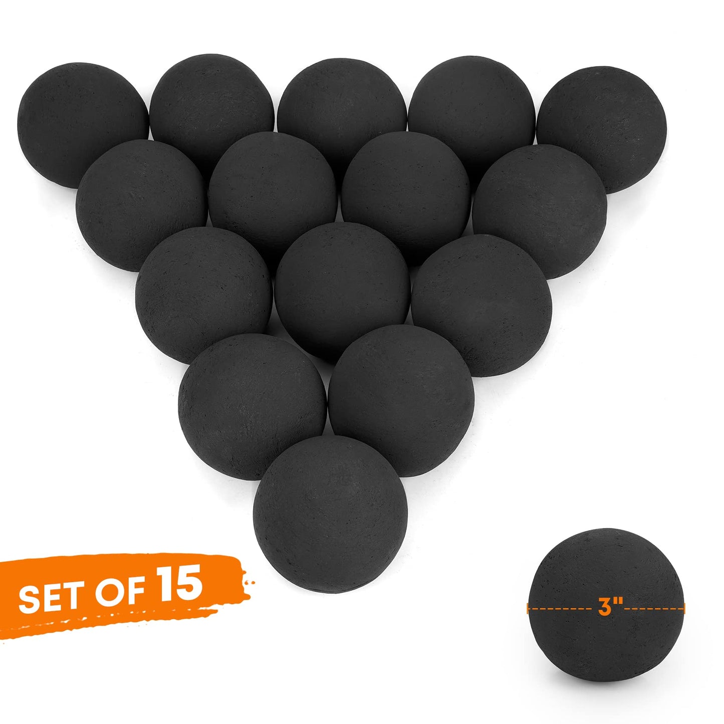 Stanbroil Ceramic Fire Balls - 3” Round Fire Stones for Fire Pit Fire Bowl and Fireplace - Set of 15, Black
