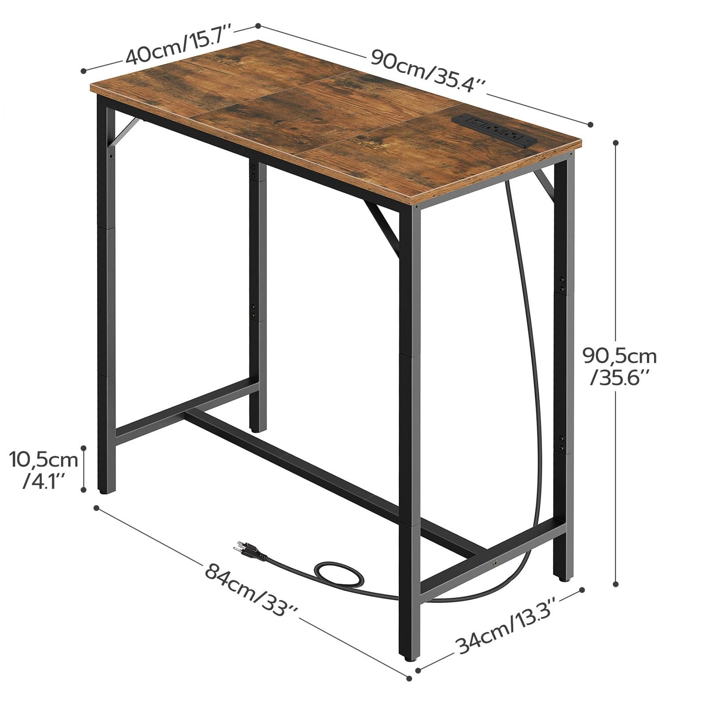 HOOBRO Bar Table with Charging Station, Rectangular Pub Table, High Top Coffee Table, Counter Bar Height Table, Narrow Long Dining Table, 35.4" L x 15.7" W x 35.6" H, Rustic Brown and Black BF90UBT01