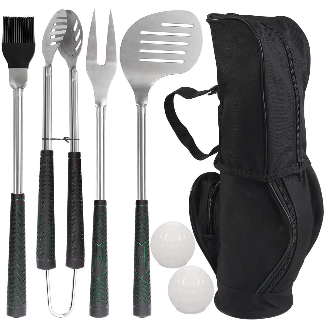 POLIGO 7PCS Golf-Club Style BBQ Accessories with Rubber Handle Ideal Christmas Birthday Gifts for Men Dad, Grill Tools Set Stainless Steel BBQ Utensils for Outdoor, Camping Barbecue Accessories Set