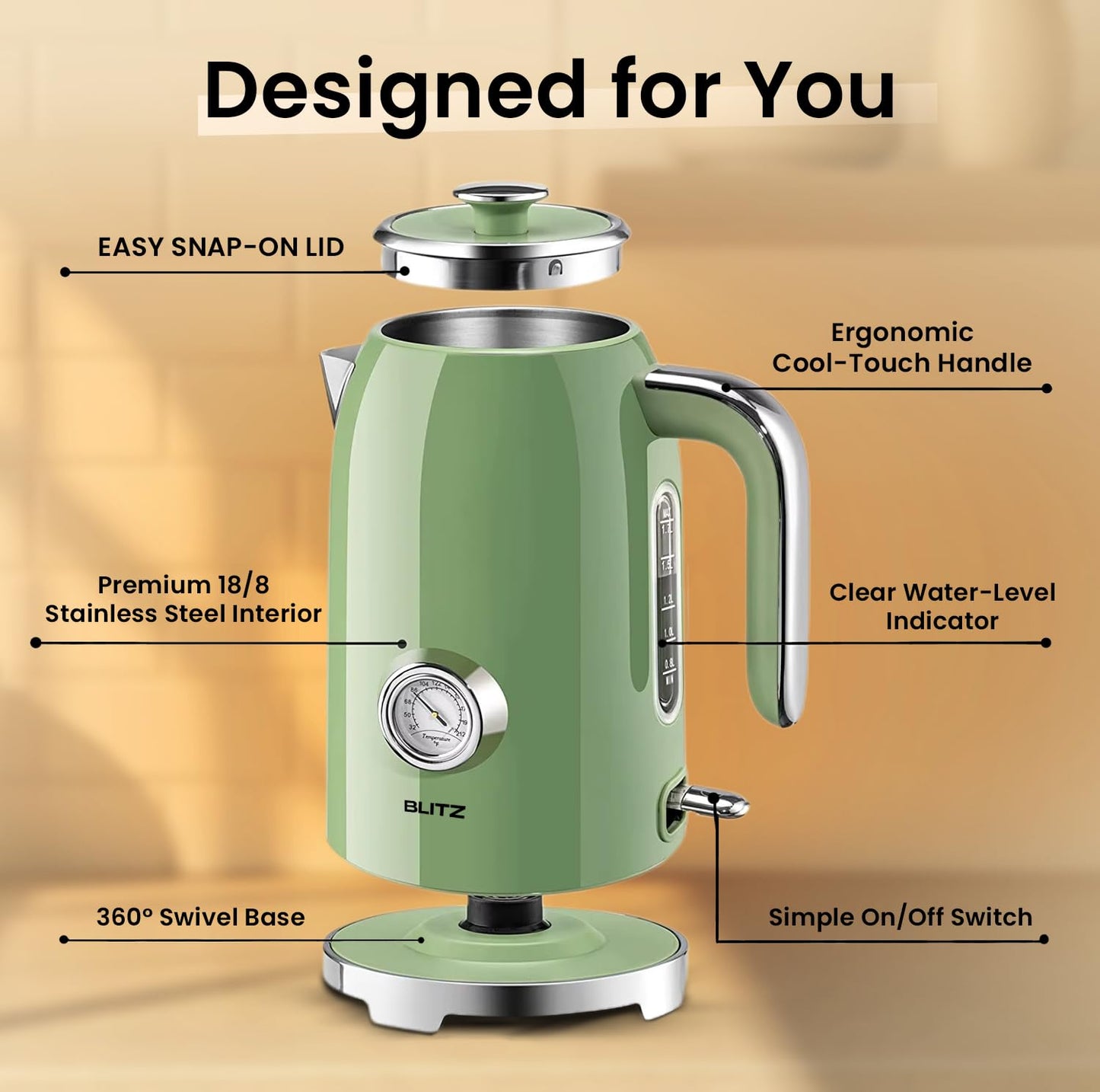 BLITZ Electric Kettle – 1.7L Stainless Steel Hot Water Boiler with Built-In Thermometer, 1500W Rapid Heating, Cordless Design, LED Indicator, Auto Shut-Off & Boil-Dry Safety (retro-green)