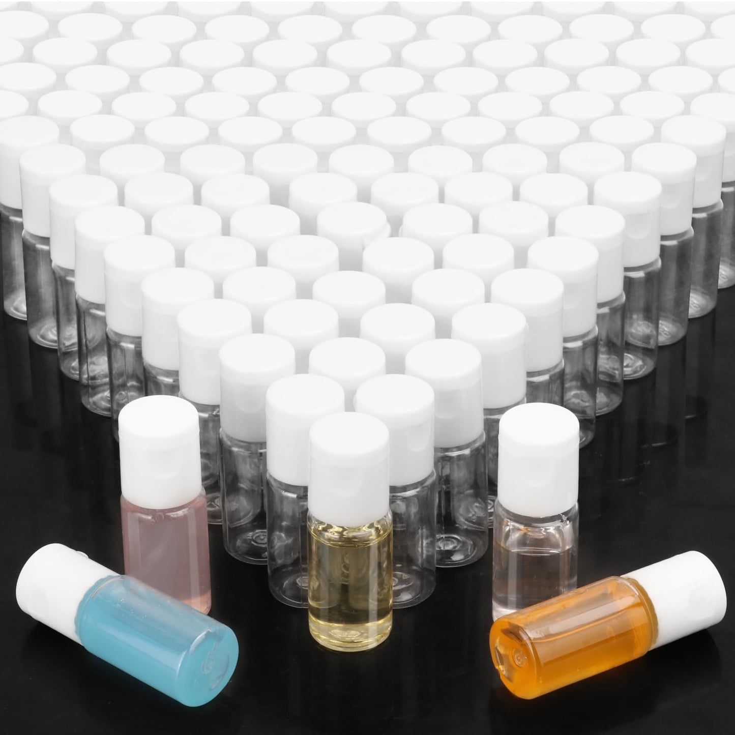KUKLIPJIM 200 Pack 0.35 oz Plastic Bottles with Top Caps, Clear Empty 10 ml Flip Top Cosmetic Bottles for Lotion and Shampoo, Travel-Friendly, BPA-Free