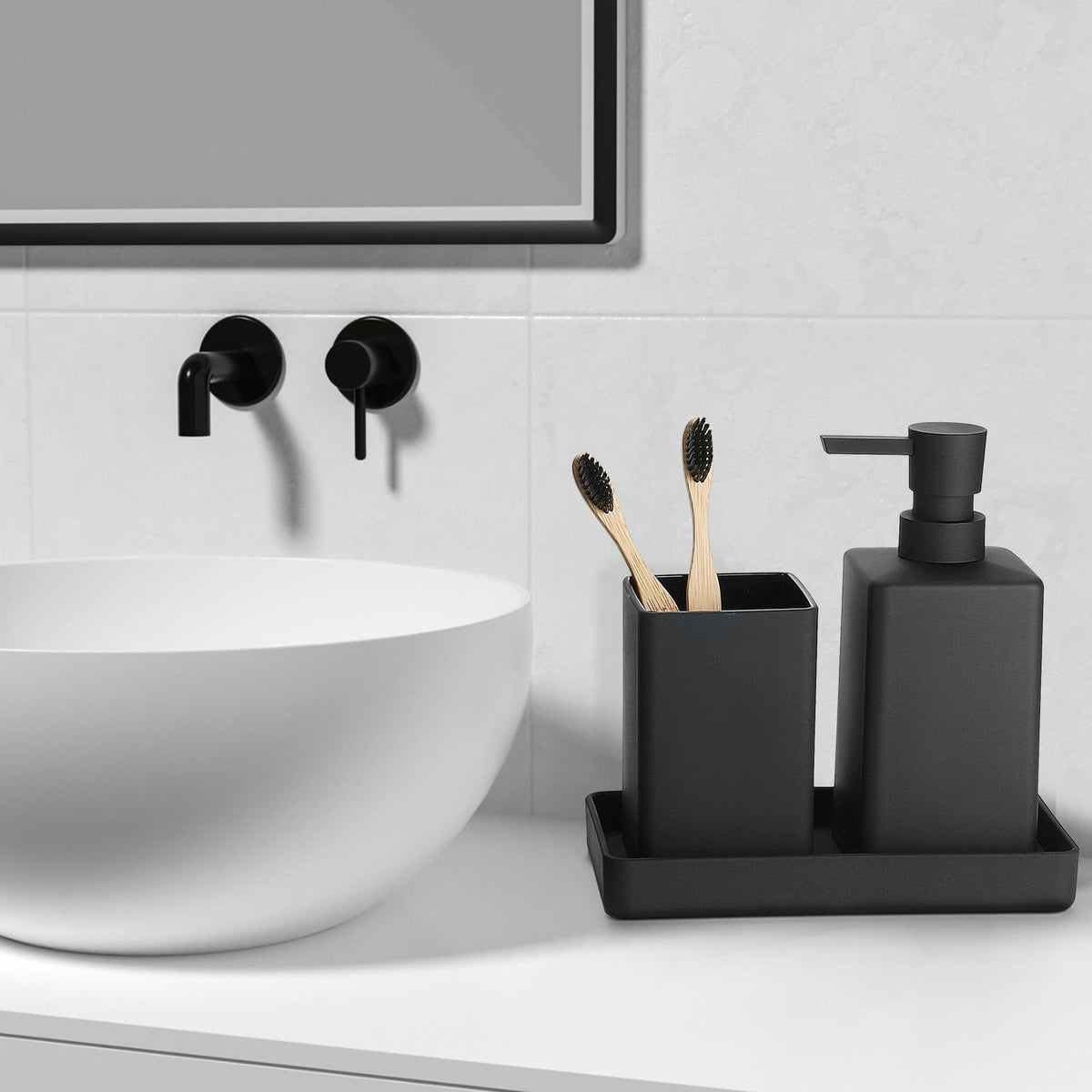 GAHEFY 5-Piece Bathroom Accessory Set with Stainless Steel 5L Soft-Close Trash Can, Toilet Brush with Holder, Soap Dispenser, Toothbrush Holder & Tray, Matte Black Bathroom Organizer