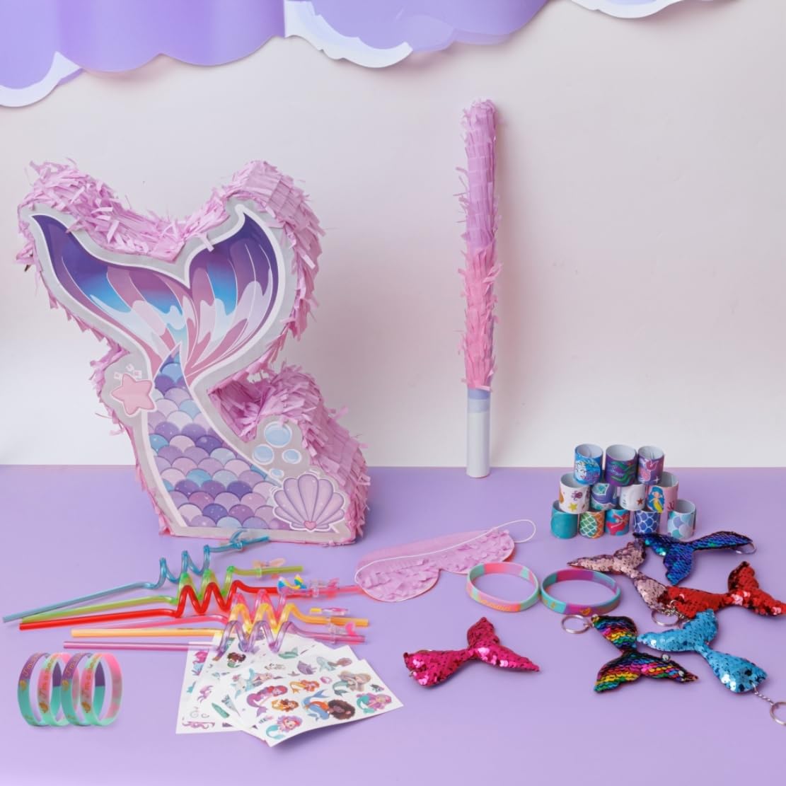 Mermaid Pinata Set for Girls Birthday Party Favors Kids Mermaid Themed Birthday Party Supplies with Mermaid Tail Pinata Stickers Slap Bracelets Keychains Silicone Bands and Straws
