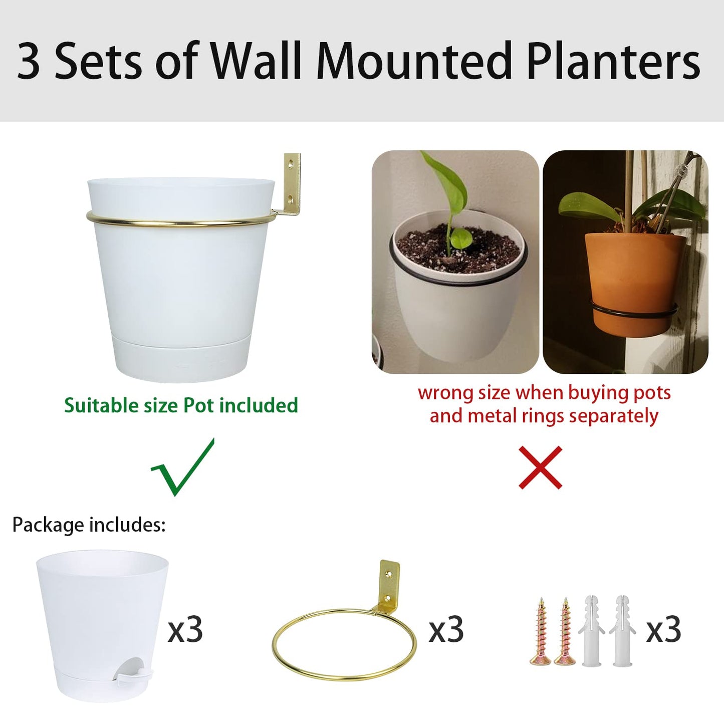 Bouqlife Wall Planters for Indoor Plants 3 Pack 6 Inch Flower Pot Holders Metal Ring with Self Watering Pots Wall Hanging Planters Gold-White