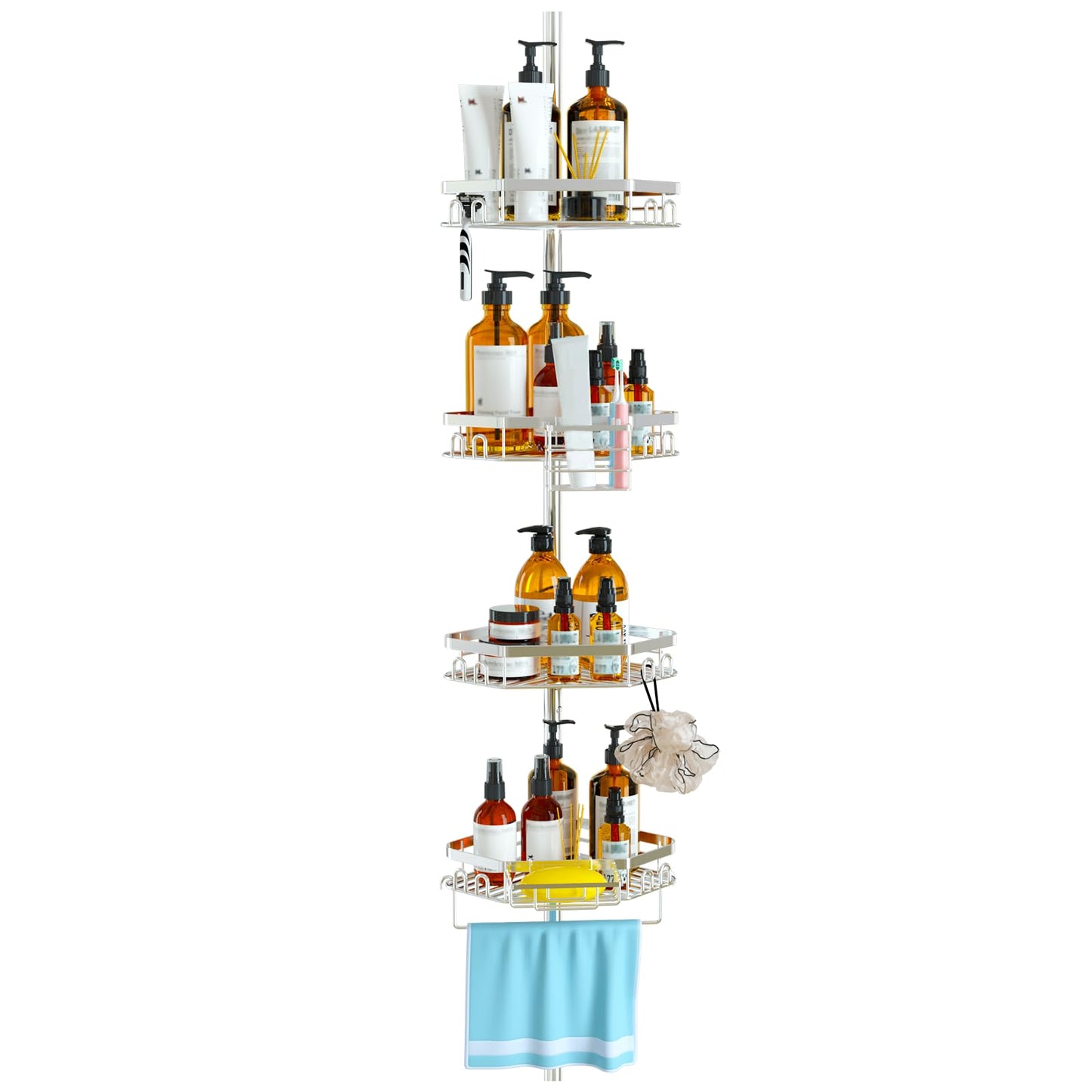 Shower Caddy Corner Tension Pole Stainless Organizer for Bathroom, Rustproof 4 Large Shelves and 2 Small Basket for Bathtub Shampoo Accessories Storage, 23.6 to 114.5 Inch Height Adjustable (Silver)