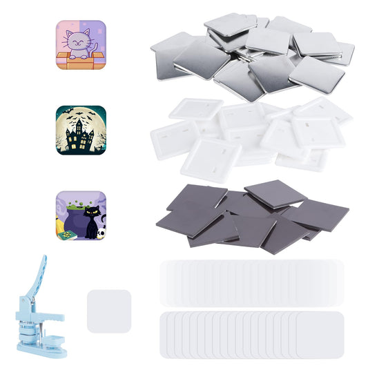 100 Sets Square Button Parts，Fridge Magnet Button Maker Supplies for Square-Shaped Button Maker Machine 50mm，Including Metal Cover, Plastic Back Cover, Clear Film, Blank Paper, Soft Magnet