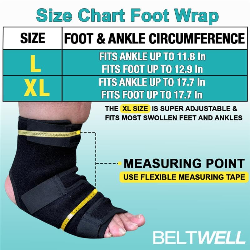 Beltwell® - Adjustable Foot & Ankle Compression Wraps For Edema, Lymphedema, Swelling, Neuropathy, Diabetic Foot Care, Circulation (2 Wraps) (Large) (Black, X-Large)