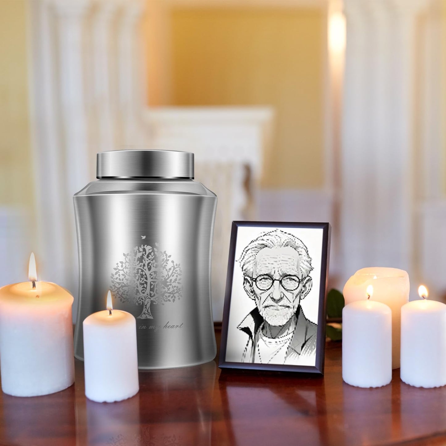 Large Cremation Urn for Adult Human Ashes, Male Female Decorative Urn with Laser Engraved Tree of Life and Velvet Pouch(Forever in My Heart)
