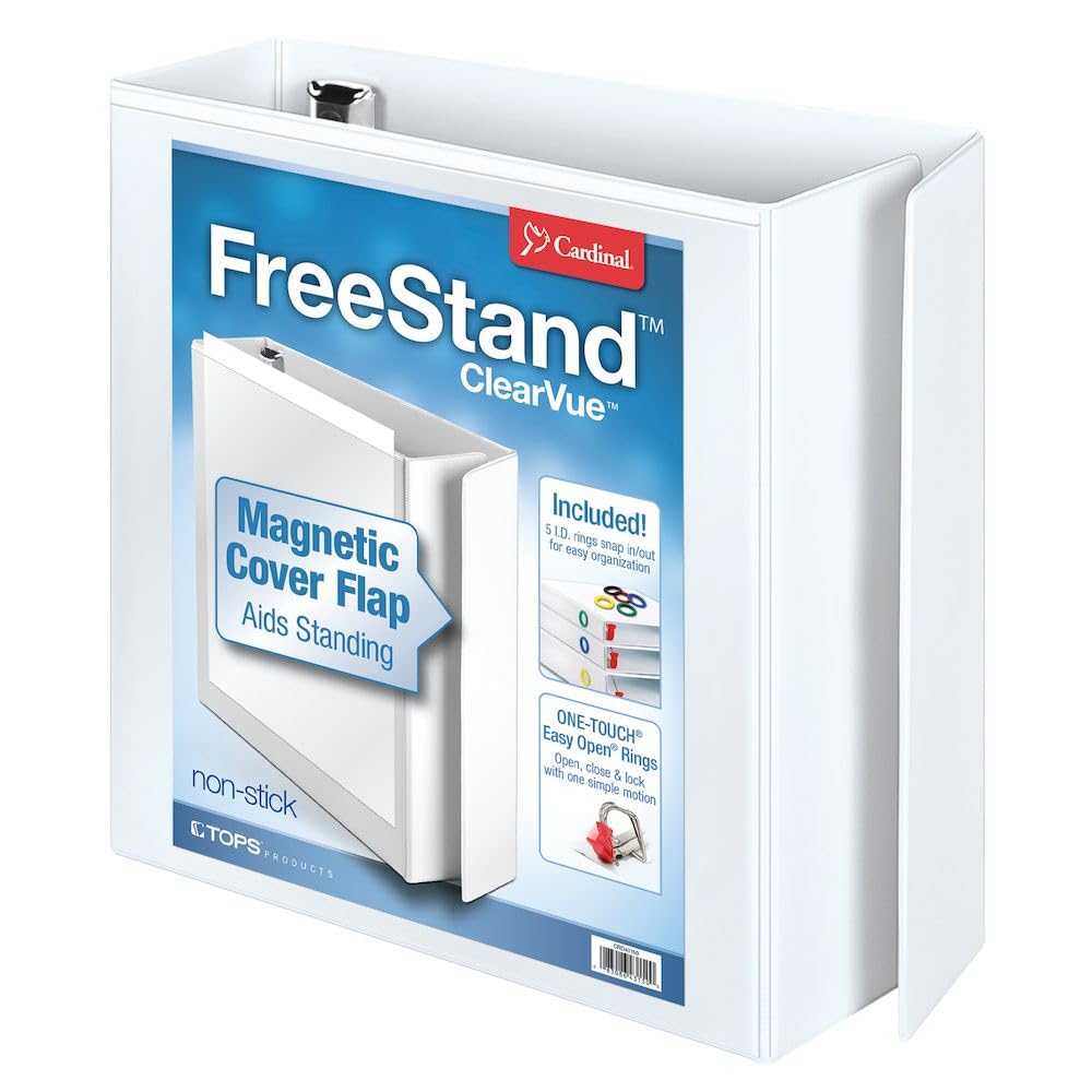 Cardinal Binder FreeStand ClearVue, 3" Locking Slant-D Rings, White, 650-Sheet Capacity, Magnetic Flap Closure, 5-Color ID Rings for Easy Identification, Non-Stick Archival Safe Covers, Office Filing