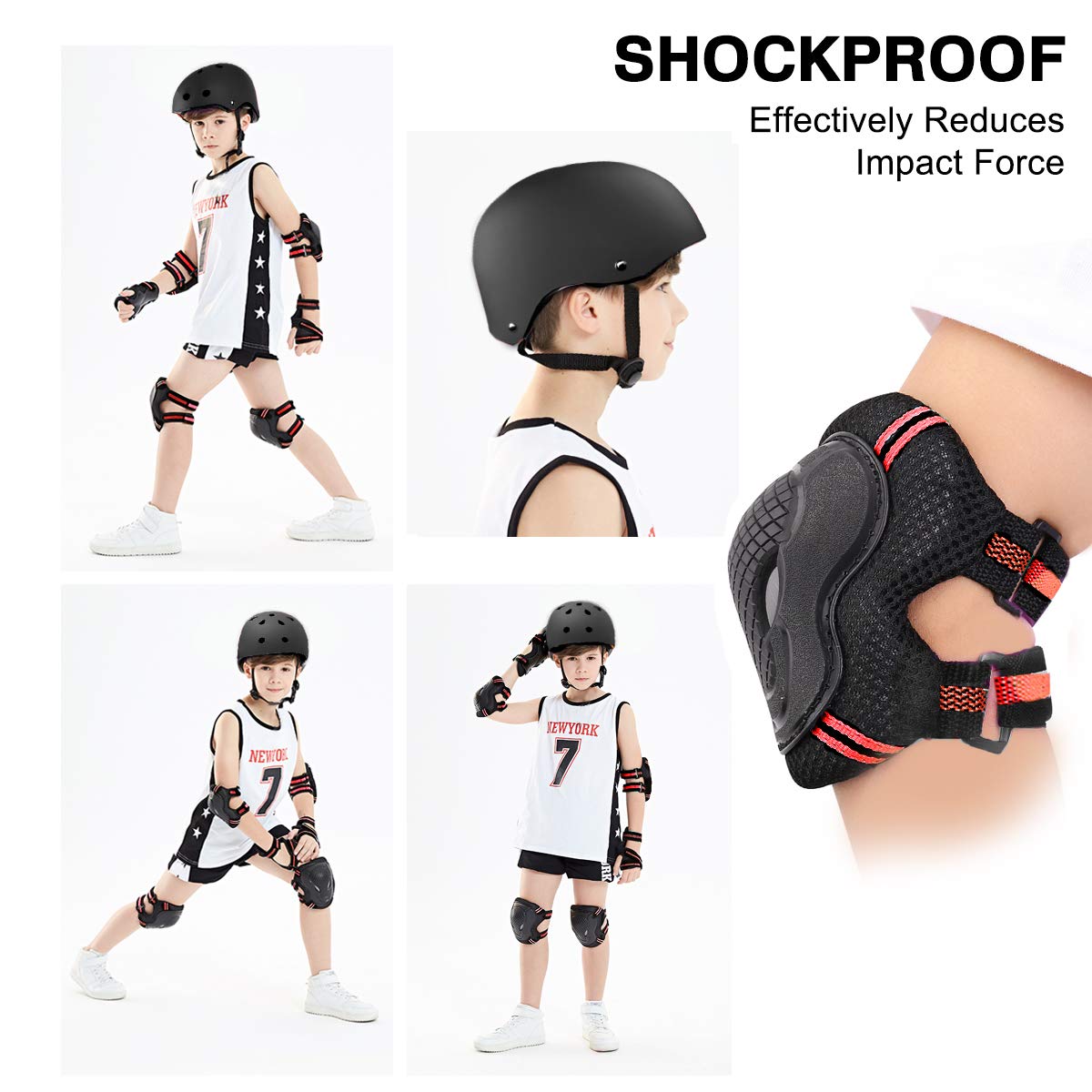 Besmall Skateboard/Skate Helmet with Protective Gear Knee Pads Elbow Pads Wrist Guards for Kids/Youth BMX/Skateboard/Bike, for Head Size M (52-57cm) Black